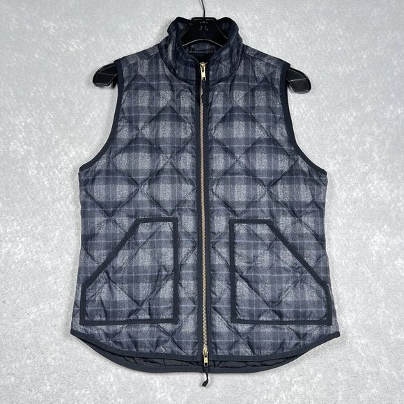 J. Crew Vest Womens Size Small Gray Black Plaid Mountain Puffer Trim 60% Down - Picture 1 of 11